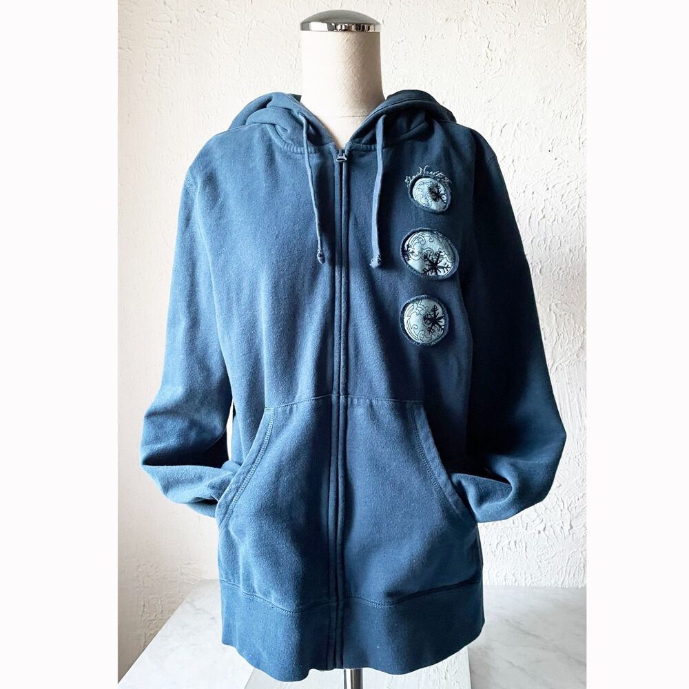 North Face Blue Hoodie Sweatshirt Women's XL Zip Front Snowflake Patches